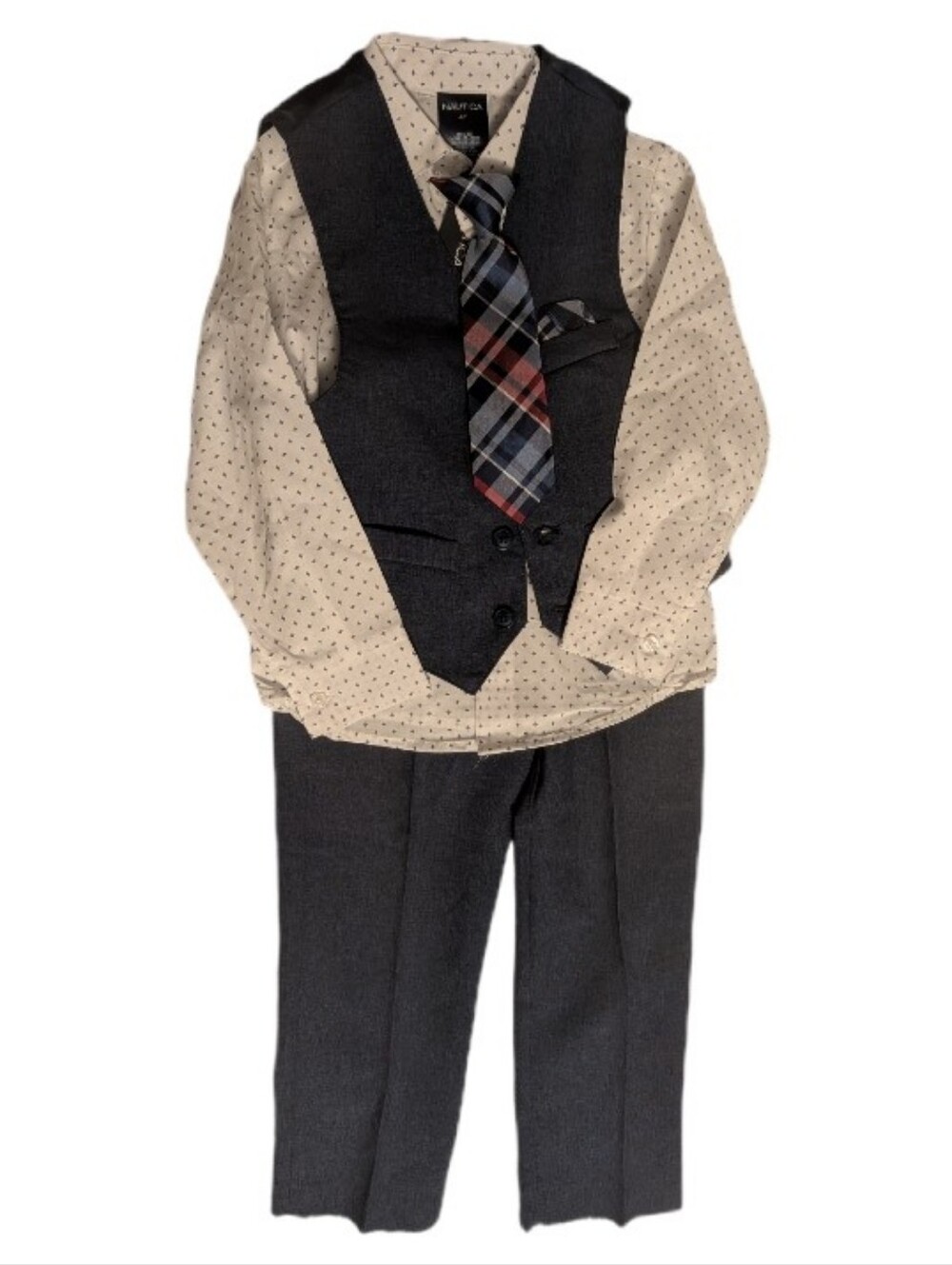 🆕 Nautica Stonewash Blue Vest & Pants Set with Pattern Button Down & Tie 4T